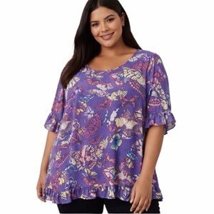 Evans Butterfly Print Blouse Women Size 18 Purple Ruffle Sleeve Plus Top